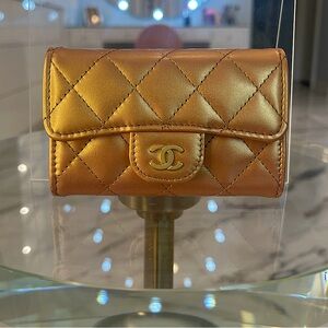 NWT Chanel Metallic Lambskin Quilted Flap Card Holder Wallet